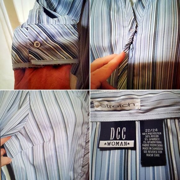 #195 DCC Woman Plus Blue Striped Zip Front 1/2 Sleeve Collared Blouse - Picture 4 of 7